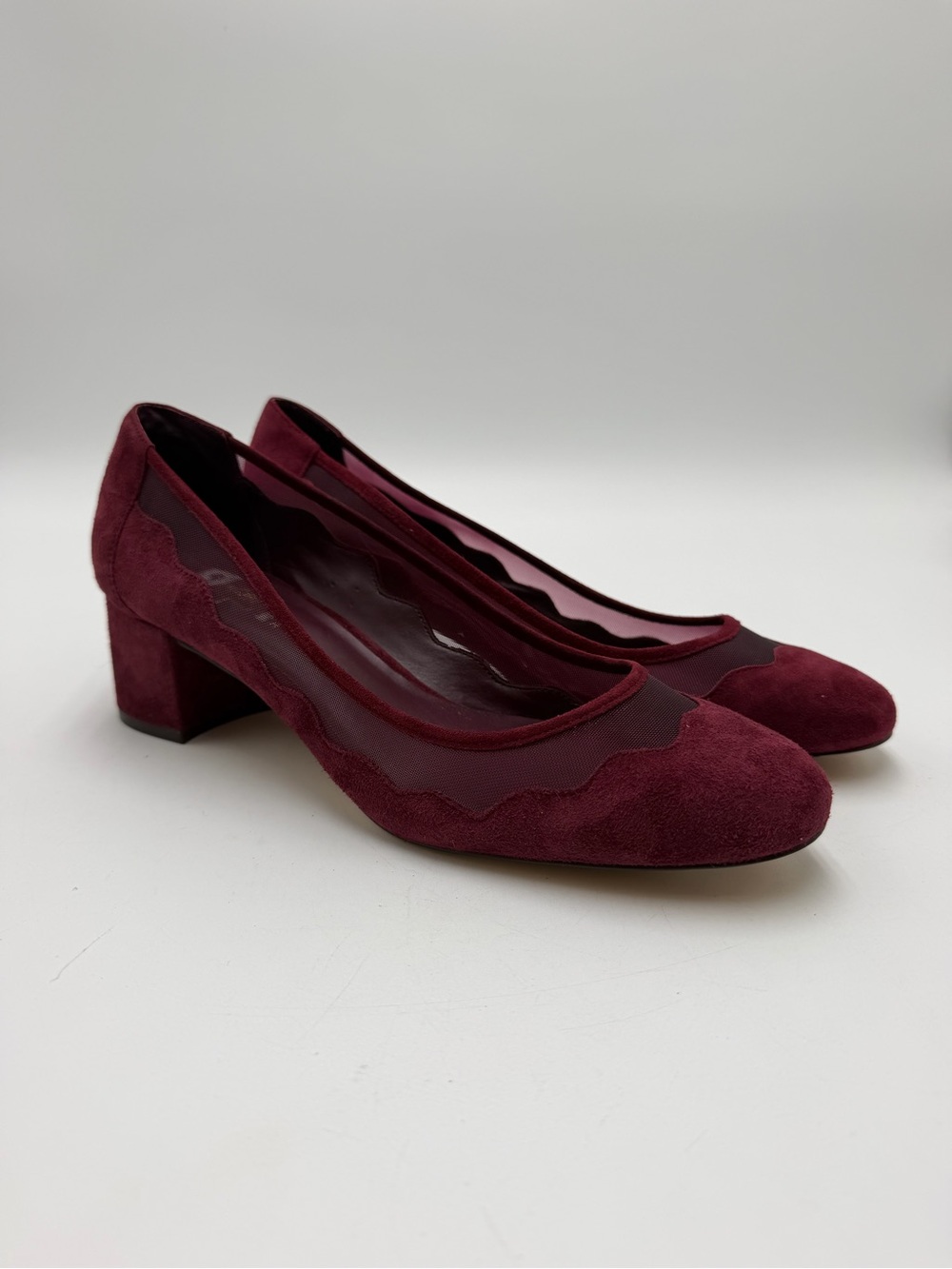 Lord & Taylor 424 Fifth Burgundy Suede Mesh Pumps 10M Block Heel Wine